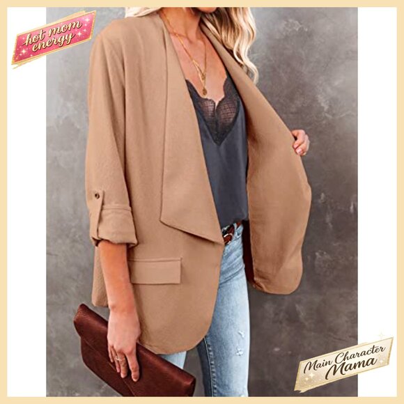 Casual Blazer Jacket Roll Up Sleeves Open Front Work Office Business Chic - Picture 3 of 7